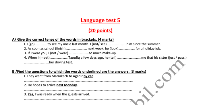 Writing and language test answers